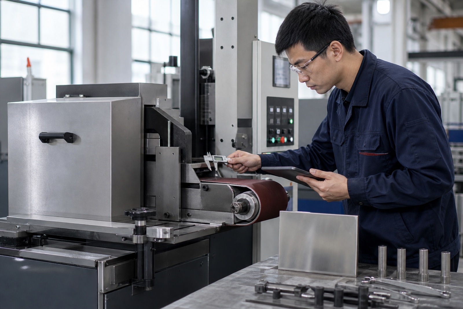 Engineer inspecting belt polishing machine alignment and components